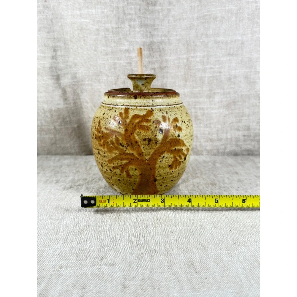 Handmade Studio Pottery Honey Pot with Wooden Dipper Tree of Life Speckled Tan